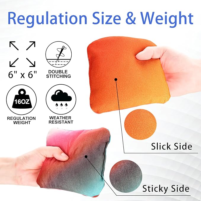 EunHo Double Sided Set of 8 Cornhole Bags Regulation Size & Weight Sticky and Slick Professional Corn Hole Bean Bags Multicolored