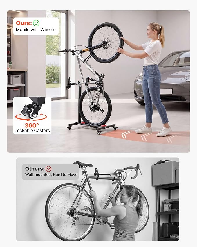 VEVOR Bike Stand 2 Pack, Freestanding Vertical & Horizontal Bike Storage Rack, with Lockable Casters, Height Adjustable Carbon Steel Upright Garage Bicycle Floor Stand, for 20-29 in Wheels, Black