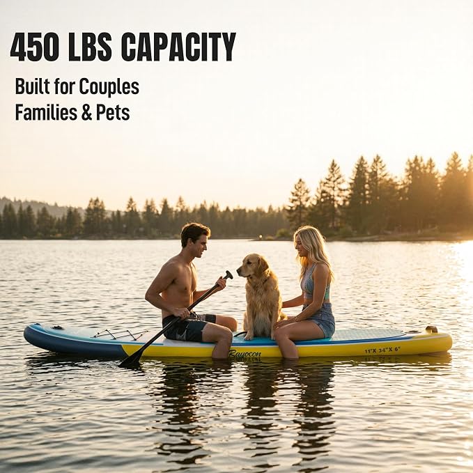 Inflatable Stand Up Paddle Board 11'×34" Extra Wide SUP, Ultra-Stable for Adults & Dog, 450lbs, Dual Chamber Pump, Fiberglass Paddle, Military Grade Dual Layer