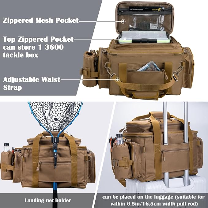 Goture Fishing Tackle Bag, Store Up to 4PCS 3700 Plus 2PCS 3600 Tackle Trays(Not Included), 600D Soft Side Gear Fishing Bag with Rod Straps,Detachable Water Bottle Pouch,Waterproof Bottom,SBS Zippers