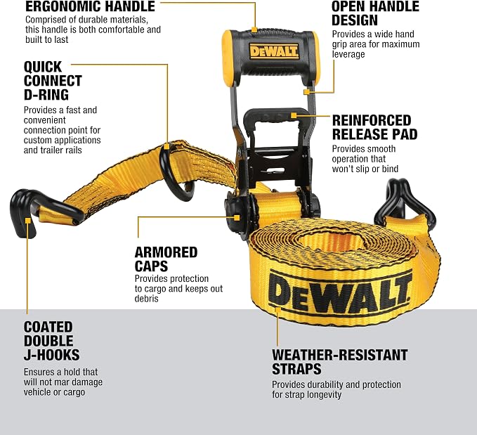 DEWALT DXBC50002 Black/Yellow 1.5" x 16' Ratchet Tie Down Straps - Heavy-Duty Cargo Hauling (5000 lb Break Strength), 2 Pack