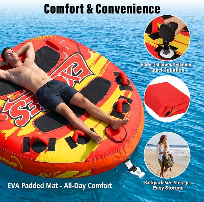 Dreamtrue 1-2 Person Inflatable Towable Tube for Boating, 340 LBS Capacity Heavy-Duty Water Tube with 840D Nylon Cover, 4+2 Safety Grips, EVA Padded, Quick Inflate/Deflate Towable Tube for Adults