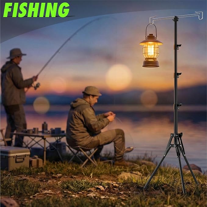Telescopic Height Adjustable Camping Lantern Tripod Stand - 2-Hook Lantern Hanger for Outdoor Camping/RV/Tent