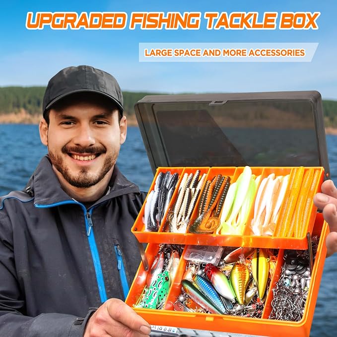 PLUSINNO 397pcs Fishing Accessories Kit and 404 PCS Fishing Lures, Upgrade XL Fishing Tackle Box with Tackle Included