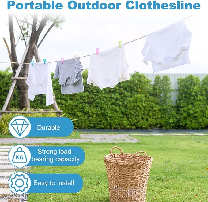 uxcell 2 Pcs Portable Travel Clothesline, 32.8ft Clothes Line Outdoors Travel Hanger Foldable Clothesline Rope with Hooks for Camping Hotel Backyard Home Cruise Ship, Gray
