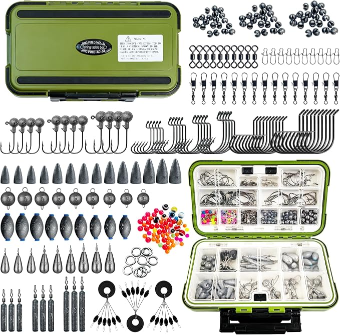 Fishing Accessories Kit Organized Fishing Tackle Box | Included Hooks, Sinkers Weights, Rubber Bobber, Jigs, Beads, Swivels Snaps, Fishing Gear Kit