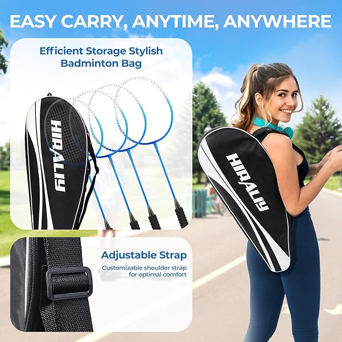 HIRALIY Badminton Rackets Set for Backyards, Badminton Set, Includ 2/4 Rackets, 6/12 Birdies, 1 Carrying Bag, Outdoor Game for Adult Family Beginner