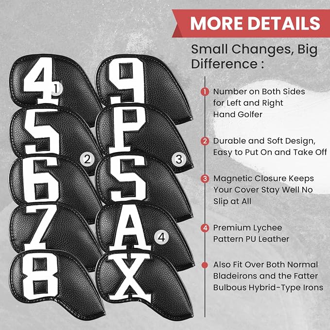 Golf Iron Covers Set Strong Magnetic Closure Value 10 Pack, Double Side Number Synthetic Leather Deluxe Club Headcover, Universal Head Cover Fit Main Irons Clubs for Women Men