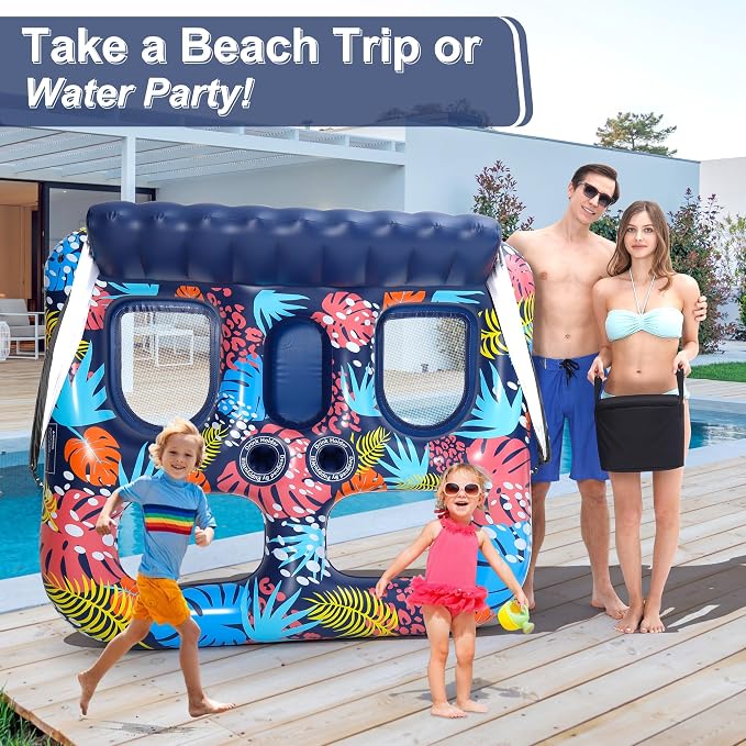 2-Person Inflatable Pool Floats Adult Heavy Duty, 71" x 61" Pool Lounger Float with Cup Holders & Backrest & Removable Insulated Cooler, Thickened Swimming Raft for Pool Party, Lake, Beach, River