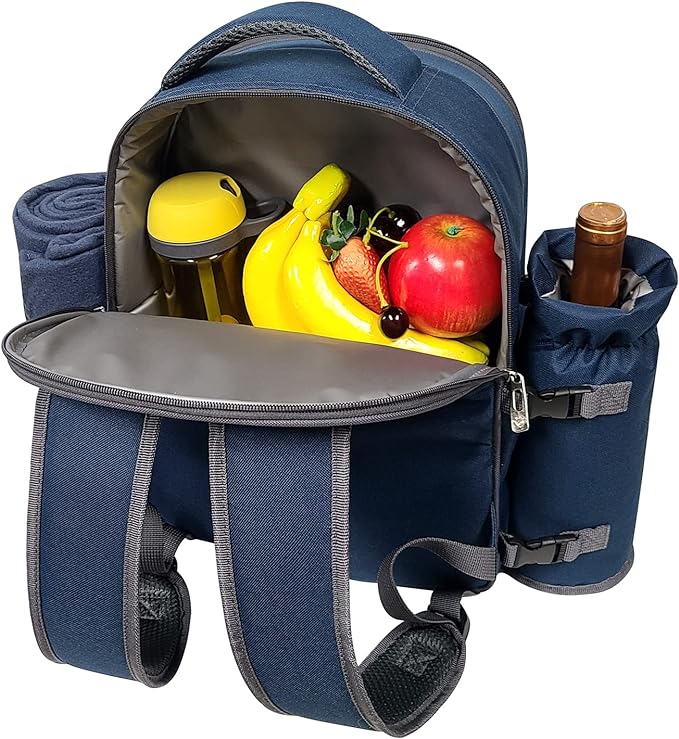 Hap Tim Picnic Basket Backpack for 4 Person with Blanket, Wine Holder, Cooler Compartment, Cutlery Set, Couples Gifts, Mr & Mrs Gifts, Bridal Shower Gifts, Registry Wedding Registry, Blue (3065-BL)