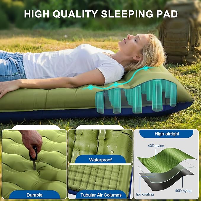 Double Sleeping Pad for Camping - 5.5" Ultra-Thick Camping Mattress with Pillow, Built-in Foot Pump, Compact 2-Person Portable Camping Mat for Backpacking, Hiking, Car Traveling, Beach, Tent