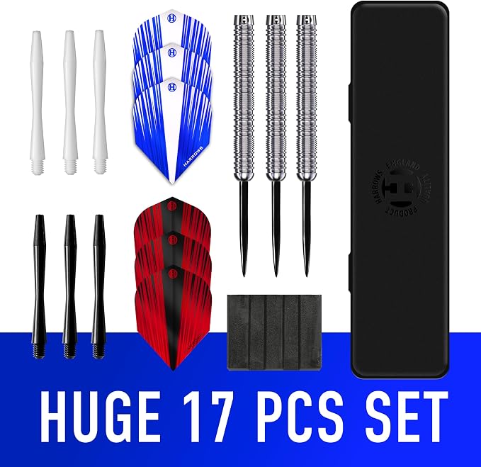 Harrows Caliber 90% Tungsten Steel Tip Darts Set I 21g to 30g All Weights Available I Huge 16pcs Bundle with Spare Shafts, Prime Flights & Travel Case