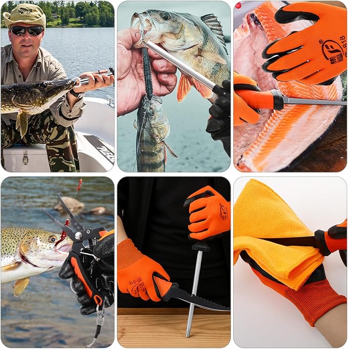 RoundFunny 13 Pcs Fishing Tool Kit, Fishing Pliers with Lanyard, Fillet Knife, Fish Lip Gripper, Hook Remover, Braid Scissors, Sharpening Rod, Tool Retractor, Gloves, Microfiber Towel, Storage Bag