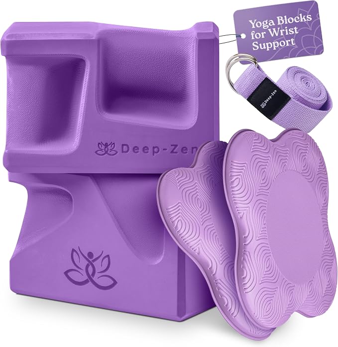 PRO Yoga Blocks | Ergonomic Yoga Block 2 Pack for Wrist Comfort and Support | EVA Foam Exercise Blocks, 2x Knee Pads & Yoga Strap | Pilates Block Set | Bricks to Eliminate Wrist Pain