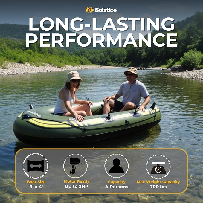 SOLSTICE Inflatable Boat for Lakes, Rivers & Beaches – Heavy-Duty Raft with Swivel Oar Locks, Rod Holders & Inflatable Seats – Outdoorsman, Fishing, 4-Person, Green, 9'