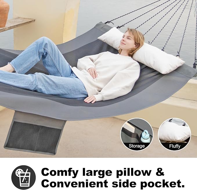 GAFETE 14ft 2 Person Hammock for Outside, Quick Dry Textilene, Portable Hammocks Without Stand with Folding Steel Spreader Bar, Carrying Bag, Tree Straps, Pillow & Sidebag, 550 lbs Capacity (Gray)