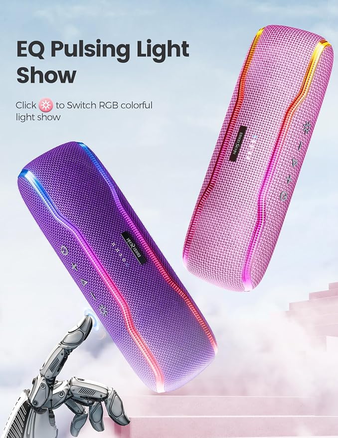 ERKEI SEHN Bluetooth Speaker, IPX7 Waterproof Wireless Speakers, Flashing Light, 25W Super Bass, 24H Playtime, Graduation Birthday Gifts for Him, TWS Pairing, Beach Essentials, Pink