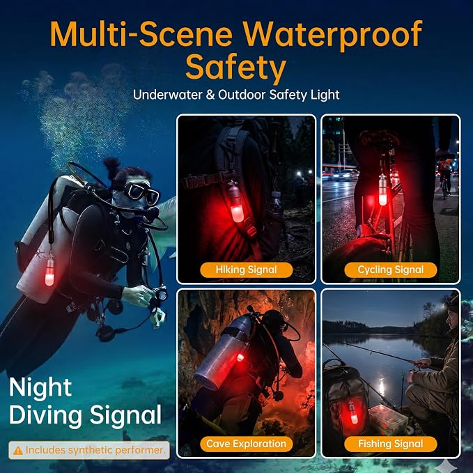 SecurityIng 4-Pack Dive Marker Light, 150m Waterproof Mini Scuba Tank Light, Steady & Flash Modes,AAA Battery Included, LED Diving Signal Light for Night Diving Camping Cave Adventure (Red)