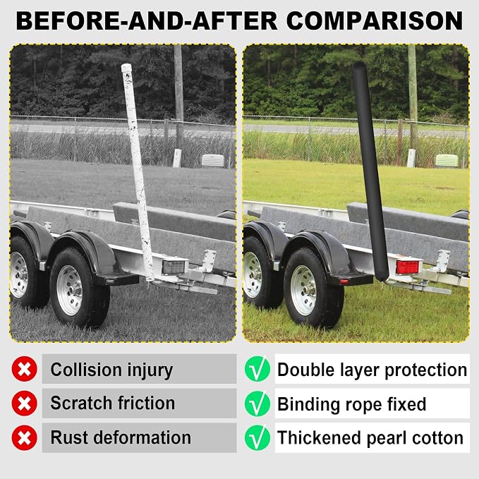 Pair of Boat Trailer Guide Pole Pad and Cover Heavy Duty Canvas Boat Trailer Capped Guide Pole Pad Cover- Black