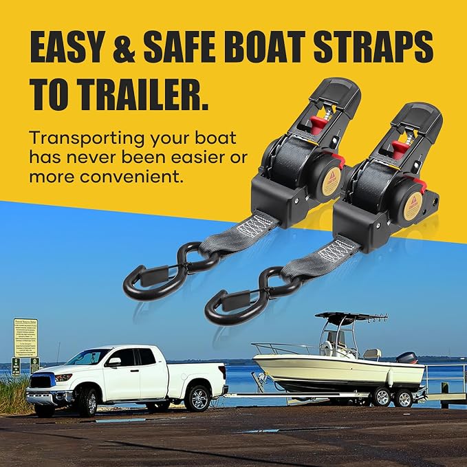 Ayaport Boat Retractable Tie Downs Boat Trailer Straps Ratcheting 1.5 inch x 6ft Bolt-on Transom Tie Down Strap to Trailer - 2200lbs Break Strength, Heavy Duty Ratchet Straps