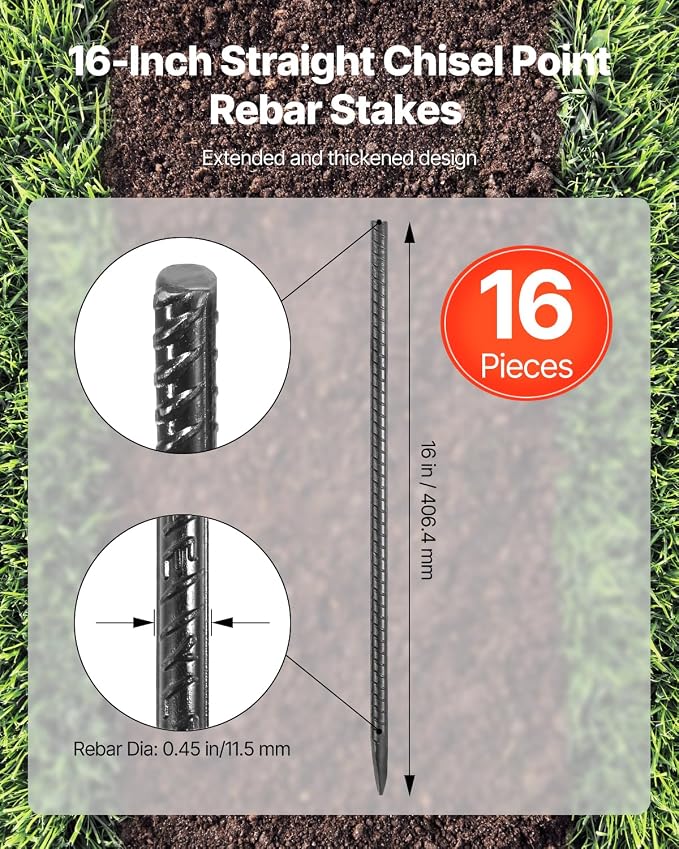 VEVOR Rebar Stakes, 16-Inch, Heavy-Duty 0.45 in Diameter, Straight Galvanized Steel Ground Anchors with Chisel Point End & Rust-Resistant Coating, for Gardening Support, Fence, Camping Tents (16-Pack)