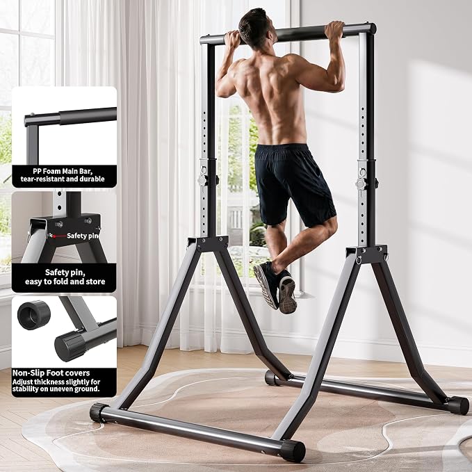 Foldable Power Tower Dip Station for Pull Ups, 58.3"-76.8" 12 Level 700 LBS, Adjustable Dip Handles & Assistance Bands Foldable Home Gym Equipment