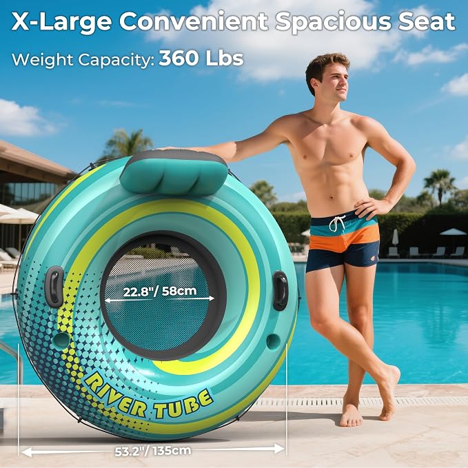 2 Pack 53" Heavy Duty River Tube Float for Adults,Inflatable River Raft Float for Pool Lake Beach with Built-in Cup Holders,Ergonomic Backrest,Durable Grip Handles & Grab Rope,360Lb Weight Capacity