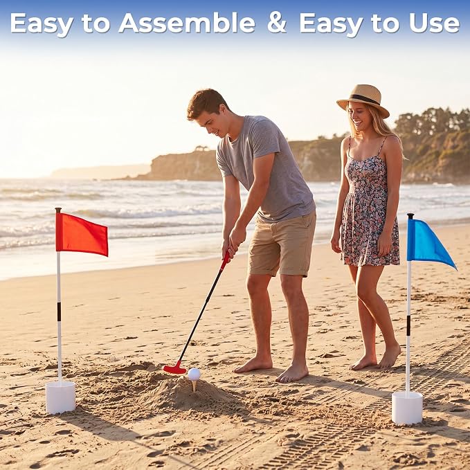 MiniInflat 2 Pack Mini Beach Golf Putters with 6 Balls, 2 Golf Putting Cup and Flag, 12 Tees, Two Way Adjustable Length Putter for Right or Left for Outdoor Beach Park Grass Backyard Putting Game