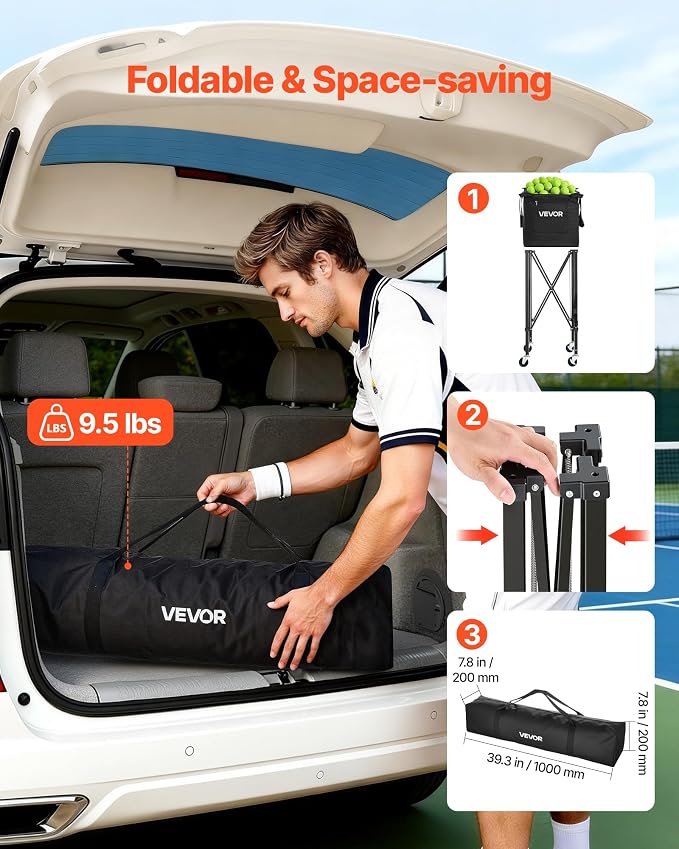 VEVOR Tennis & Pickleball Hopper Holds 200/175/150/120 Balls, 3-in-1 Tennis Foldable Pickleball Basket Cart for Easy Installation, Storage Bag for Tennis Training & Teaching