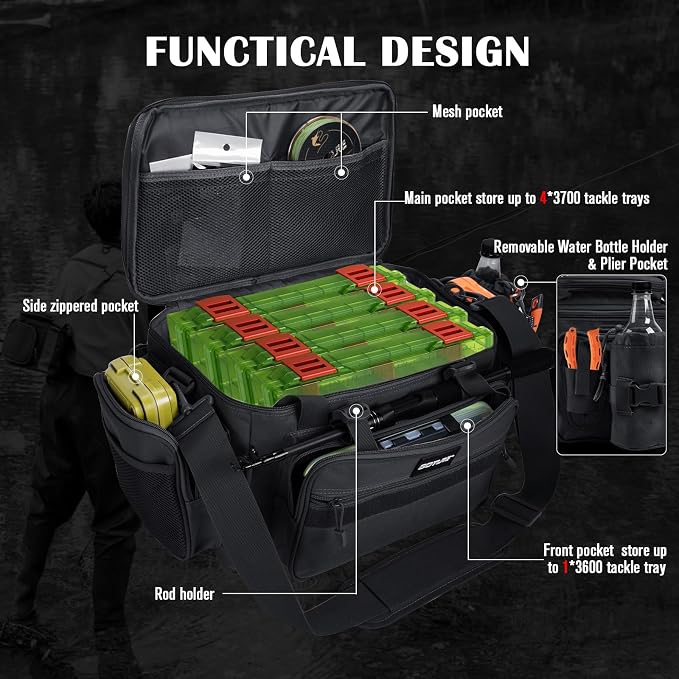 Goture Fishing Tackle Bag with 4PCS 3600 Tackle Boxes | 600D Water-Resistant, Rod Straps, Detachable Bottle Pouch,Waterproof Bottom, Freshwater & Saltwater Gear Storage Fishing Bag