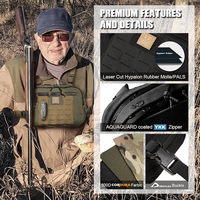 VOTAGOO GEAR Tactical Chest Rig Bag, 3L Utility Hypalon Molle Chest Rig With Map Pocket 500D Cordura Chest Bag for Hunting Workouts (Black)