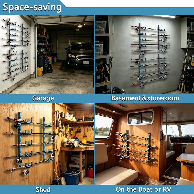 Fishing Rod Holders & Pole Holders for Garage, Wall Mounted Metal Fishing Rod Storage Organizer Rack Holds Up to 6/10/12/20 Rods or Combos, Suitable for Catfish Fishing Gear