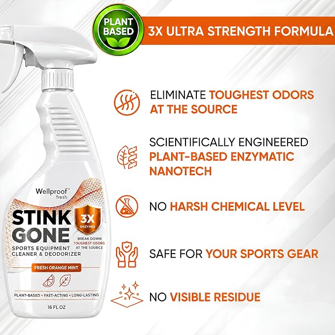 Stink Gone 2-in-1 Sports Equipment Cleaner & Odor Eliminator - Extra Strength with 3X Enzymes | For Boxing, Hockey, Football, Baseball, MMA, Gym, Athletic Gear & More, 16oz (473mL)