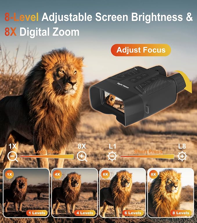 4K Night Vision Binoculars for Adults: 3’’HD Screen, 56MP Night Photos, 8X Zoom, 3 IR Modes, 5000mAh Battery, 64GB Card Included, Night Vision Goggles for Wildlife Observation & Surveillance