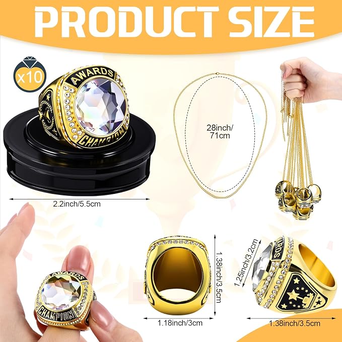 Landical 10 Pcs Championship Trophy Rings Bulk MVP Winner Youth Award Gift with Neck Chains and Display Stand for Basketball Baseball Football Volleyball Softball