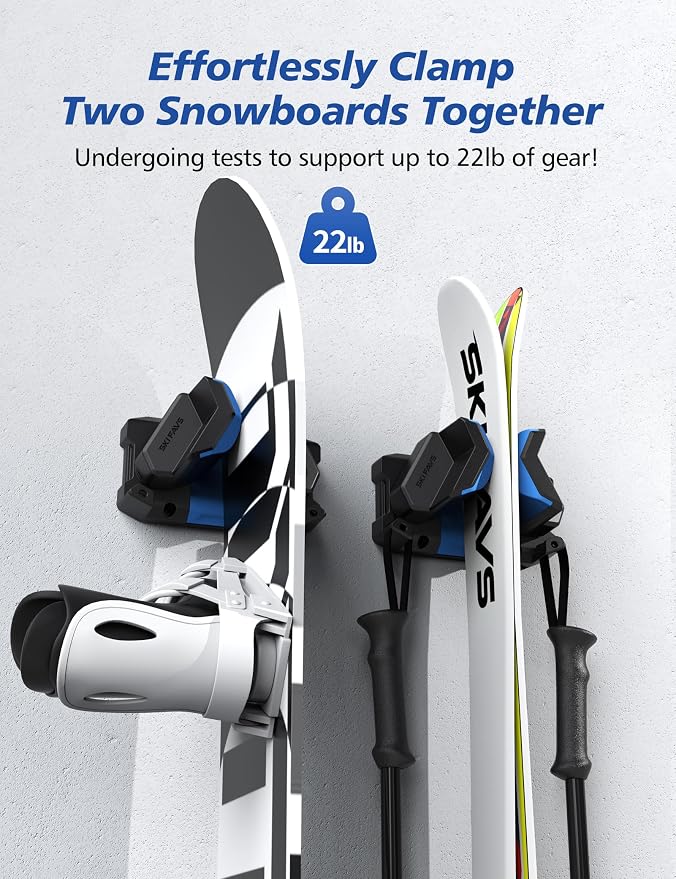 Skifavs Ski & Snowboard Wall Rack, Ski Wall Mount & Ski Rack Wall Mount for Garage Space-Saving, Winter Gear Organizer, Fits Any Ski or Snowboard, Nonslip Ski Holders, Garage Organization, 2 Pack