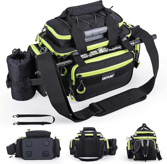 Goture Fishing Tackle Bag, 600D Water-Resistant Soft Side Crossbody Sling Bag with Rod Holder,Small Gear Storage Tactical Bags for Saltwater & Freshwater,Fits 4 3600 Tackle Boxes (Not Included)
