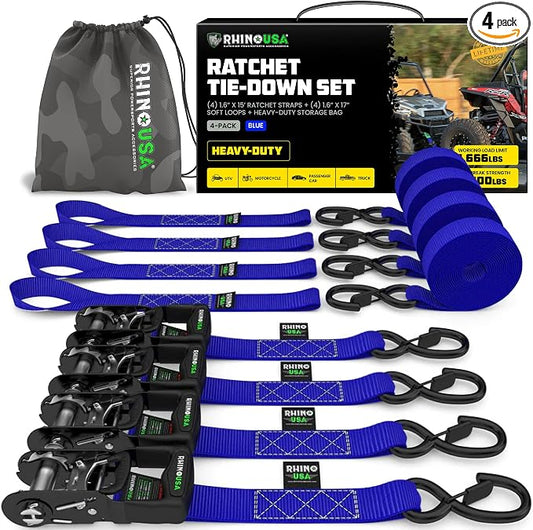 Rhino USA Ratchet Straps Heavy Duty Kit (4-Pack) - 1.6 Inch x 15 Feet Min Break Strength (5,000) - Ultimate Tie Down Straps with Safety S Hooks for Trucks, ATV, UTV, Motorcycle, Cargo & More - Blue