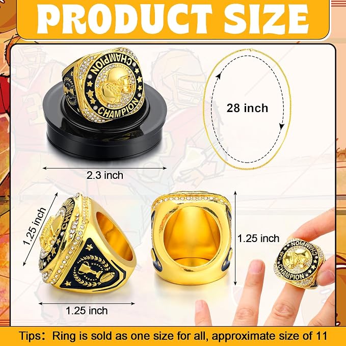 Highergo 1 PC Champion Mvp Rings Baseball Soccer Basketball Volleyball Football Softball Trophy Ring with Display Stand and Neck Chain Size 11 for Winner Tournament Award Gift(Baseball)