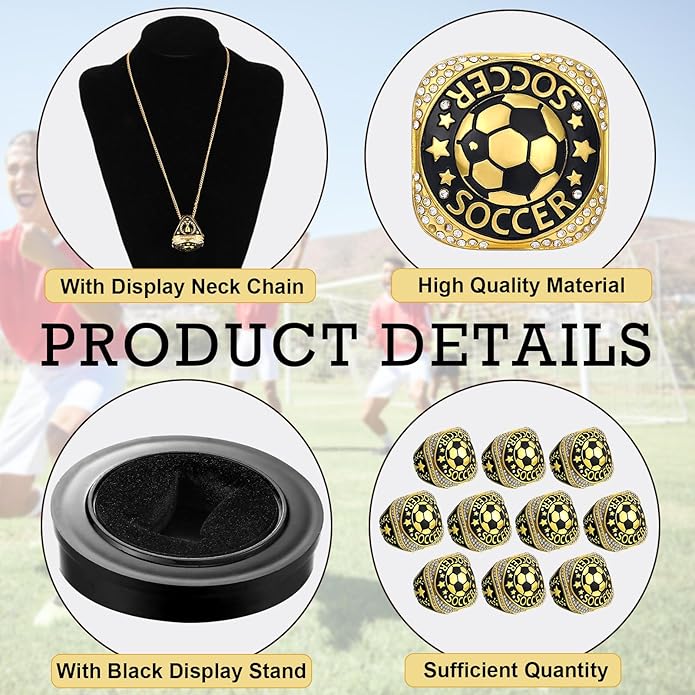 Highergo 20 Pcs Baseball Softball Basketball Football Champion Rings with Display Neck Chain and Stand Volleyball Soccer Cheer Trophy Rings Bulk for Tournament Award Gift