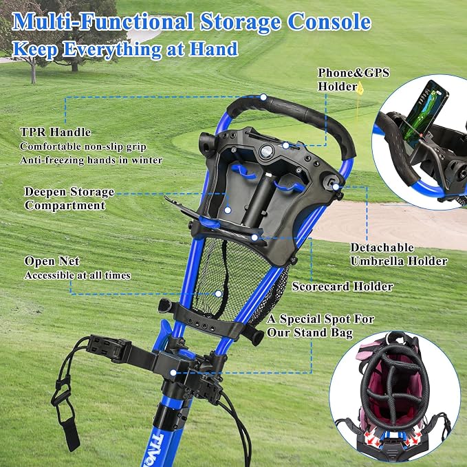 Tivor Lightweight Golf Push cart 3 Wheel,Foldable Golf Trolley for Adults and Junior with Ergonomic Adjustable Handle, Scorecard Holder, Umbrella Mount, Foot Brake, All-Terrain Wheels