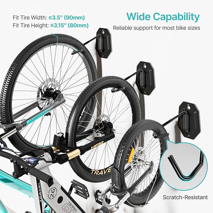 PEGZONE Swivel Bike Wall Mount, Heavy Duty Vertical Bike Rack with Fixed Hooks for Garage Storage, Wall Mounted Bicycle Hangers Holds up to 77 lbs for Indoor, 4 Pack