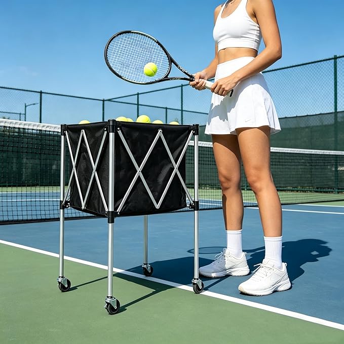 Foldable Tennis Ball Hopper Cart with Wheels, Portable Pickleball Volleyball Ball Basket Holder Caddy for Sports Training