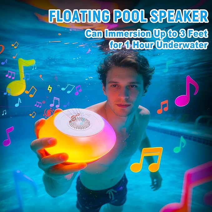 Floating Pool Speaker with Colorful Lights, IP68 Waterproof, Wireless Bluetooth, Built-in Mic, Surround Sound, for Outdoor Use and Hot Tubs (White)