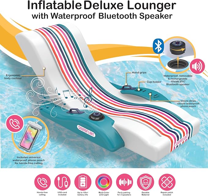Inspired Living Inflatable Pool Lounger with Bluetooth IPX7 Waterproof Speaker, Cup Holder, Floating Pool Chair for Adults, Kids, Premium Pool Float for Pool Parties, Tanning, Backyard, 250lb Capacity