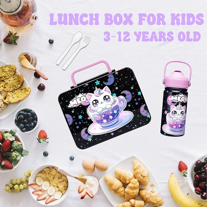 Lunch Box for Girls Bento Box for Kids with Lunch Bag,Stainless Steel Water Bottle,Ice Pack Set Birthday Gifts for Ages 3-12 Back to School Toddler Girls