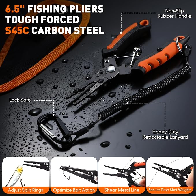 RoundFunny 13 Pcs Fishing Tool Kit, Fishing Pliers with Lanyard, Fillet Knife, Fish Lip Gripper, Hook Remover, Braid Scissors, Sharpening Rod, Tool Retractor, Gloves, Microfiber Towel, Storage Bag