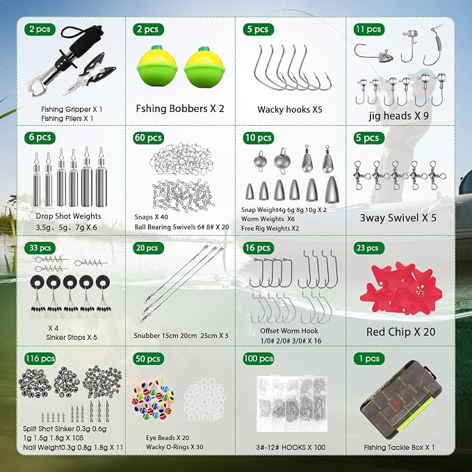 411-Piece Fishing Gear Accessories Kit, [2025 NEW] Tackle Box with Pliers, Fish Lip Grips,Tackle Storage Trays, Hooks, Weights, Jig Heads, Swivels, 21 Pre-Made Rigs – Fishing Gear for Lures Fishing
