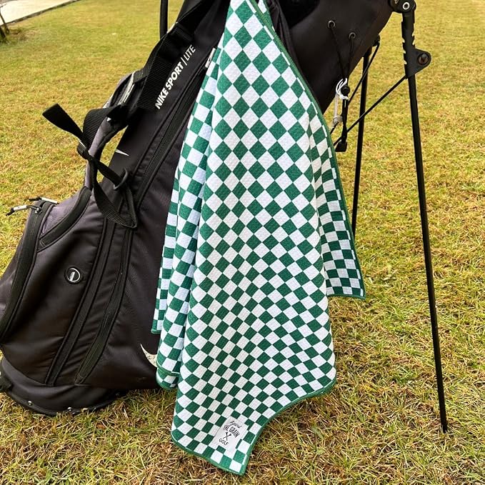 Against The Grain Microfiber Golf Towel with Clip - (20"x40") Green & White Checkered Design Golf Club Towel, Golf Towels for Golf Bags for Men & Women