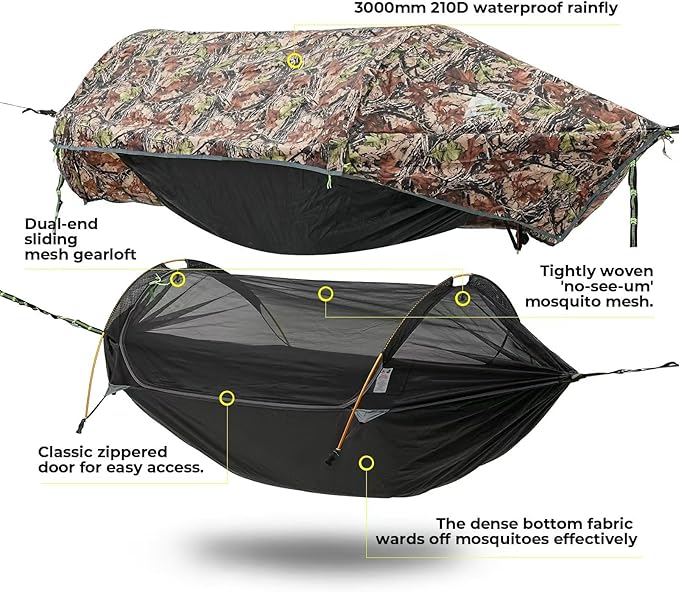 Camping Hammock Tent with Mosquito Net & RainFly, 3 in 1 Waterproof Portable Sleeping Hammock Bug Backpacker Lightweight Outdoor Gear Swing for Hiking Travel Patio Expedition(Camouflage)